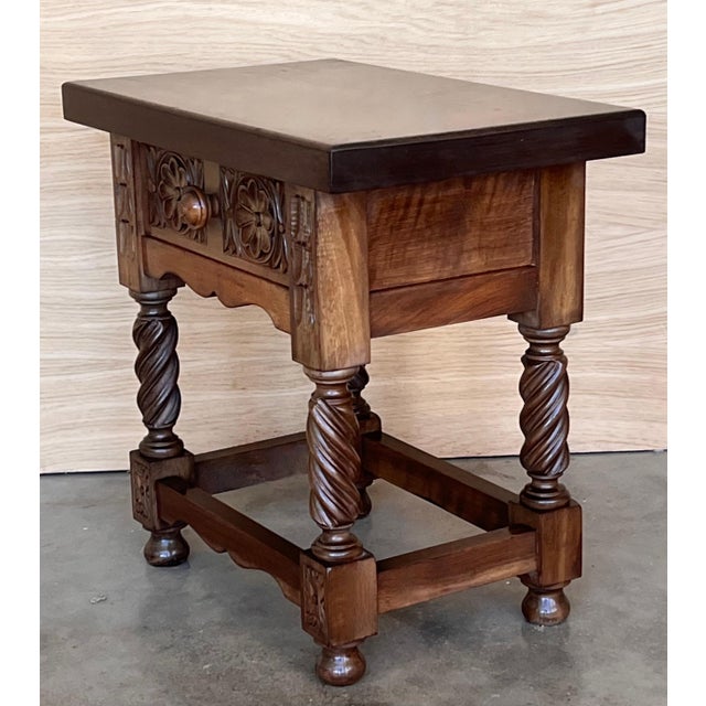 20th century pair of Brutalist Spanish nightstands with carved drawer and iron hardware Beautiful tables that you can use...