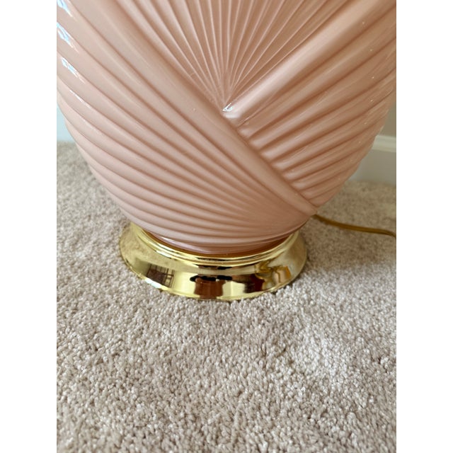 Pair of Vintage 1980s Art Deco Revival Shell Table Lamps - Peachy Pink With Pleated Shades For Sale - Image 4 of 8