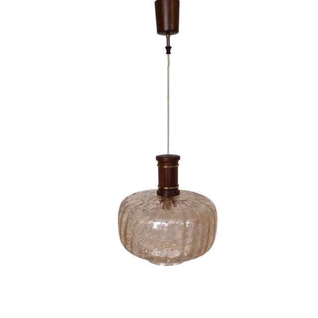 Vintage Ceiling Lamp with Amber-Tinted Glass Shade on Mahogany and Brass Mount, 1980s For Sale