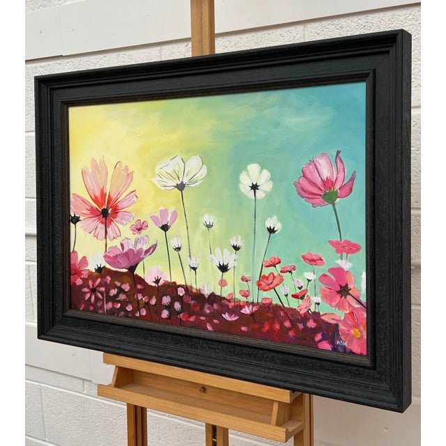 Angela Wakefield Colourful Design Study of Wild Pink & White Flowers on a Yellow & Turquoise Background, 2023 For Sale - Image 4 of 12