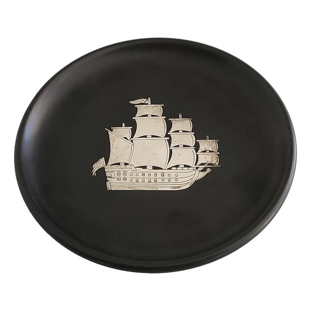 1950s Swedish Decorative Bakelite/Isolite Plate With Silver Ship Inlay by Wilhelmina Wendt for Perstorp For Sale
