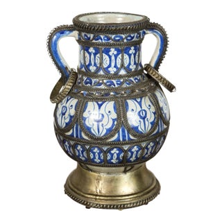 Antique Moroccan Footed Vase, Blue & White Ceramic With Filigree For Sale