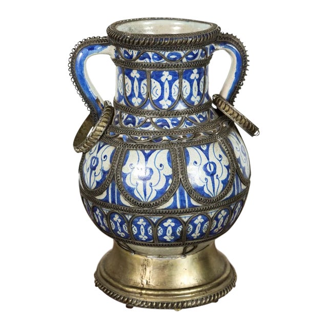 Antique Moroccan Footed Vase, Blue & White Ceramic With Filigree For Sale