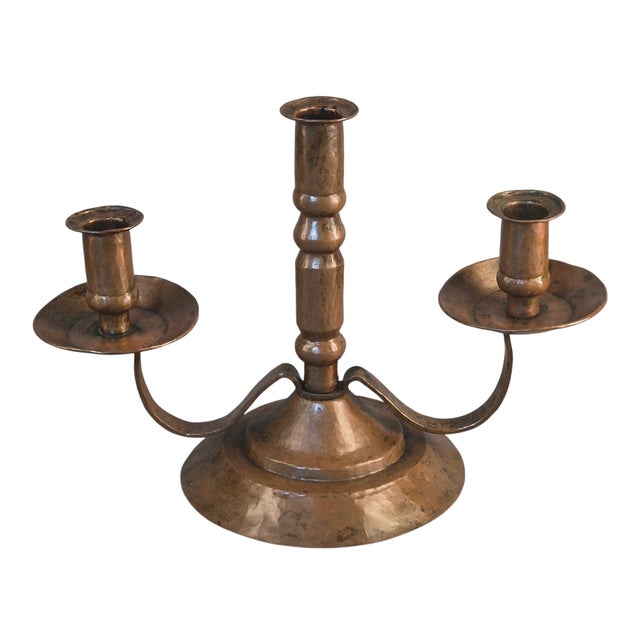 Vintage Arts & Crafts Hand Hammered Copper Three Light Candle Holder For Sale - Image 11 of 11