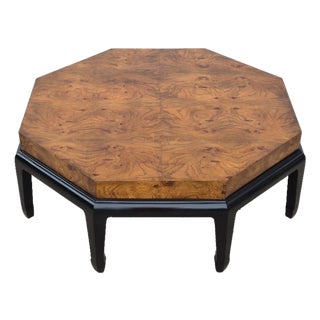 Mid-20th Century Asian Hollywood Regency Burlwood & Black Lacquer 43” Octagonal Coffee Table For Sale