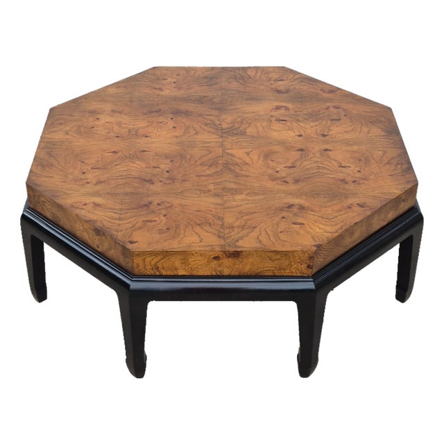 Mid-20th Century Asian Hollywood Regency Burlwood & Black Lacquer 43” Octagonal Coffee Table For Sale