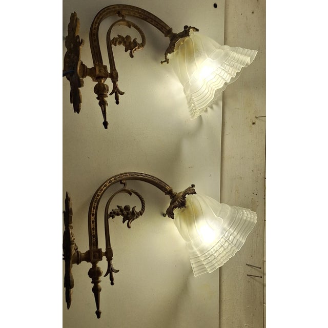 Antique German Wall Lamps with Brass Frame and Glass Shade, 1890s, Set of 2 For Sale - Image 5 of 10