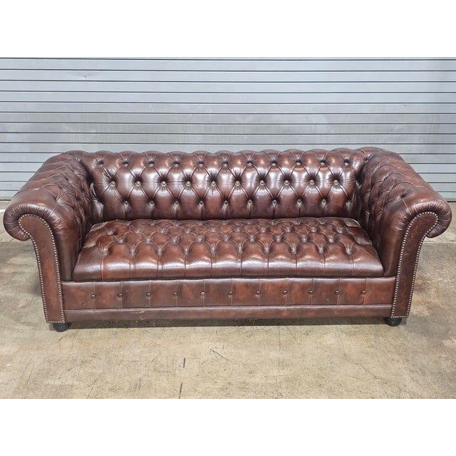 Mid 20th Century English Brown Tufted Leather Chesterfield Sofa For Sale - Image 11 of 17