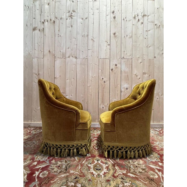Napoleon III Toadstool Armchairs in Mustard Yellow Velvet, Set of 2 For Sale - Image 6 of 7