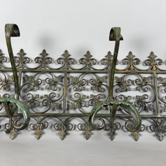 Antique Green Wrought Iron Wall Coat Rack with Floral Decorations, 20th Century For Sale - Image 4 of 11