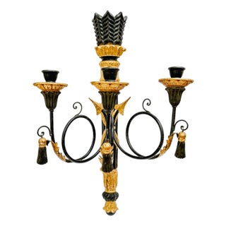 1960 Italian Hollywood Regency Torch & Arrow 3-Arm Giltwood Wall Sconce For Sale