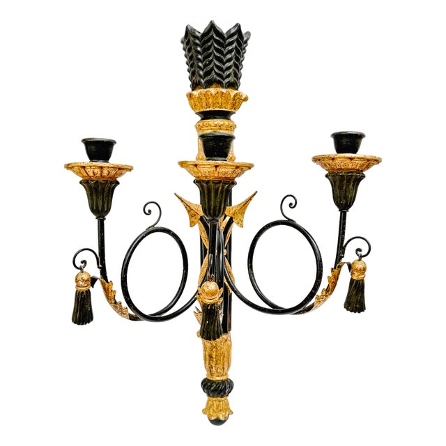 1960 Italian Hollywood Regency Torch & Arrow 3-Arm Giltwood Wall Sconce For Sale