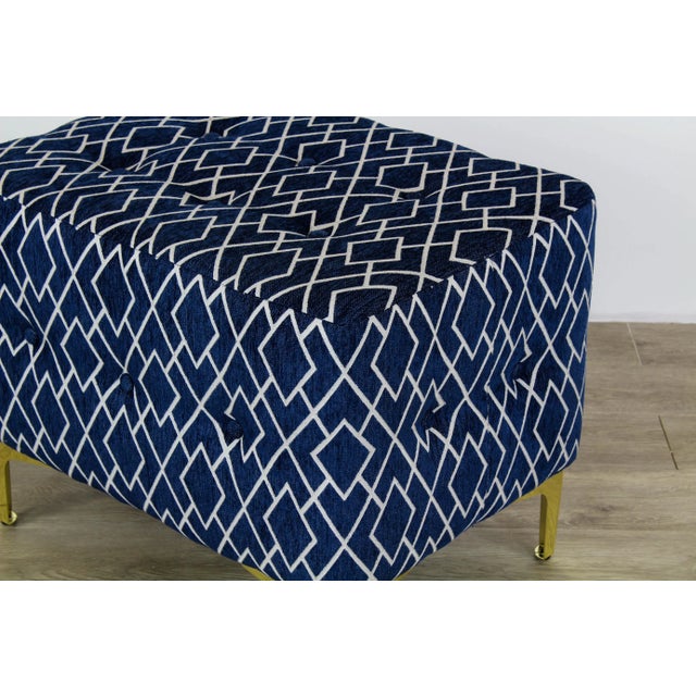 Metal Blue & Cream Geometric Ottomans on Metal Legs - a Pair For Sale - Image 7 of 9