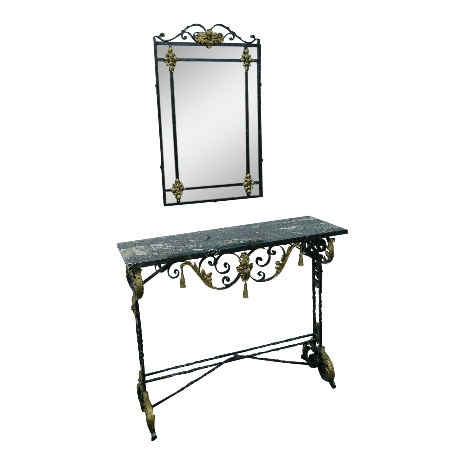 1900s Victorian Painted Metal Two Part Marble Top Console Table
