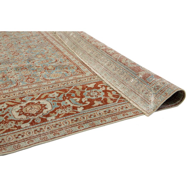 Antique Persian Tabriz Floral Designed Wool Rug in Blue For Sale - Image 4 of 11