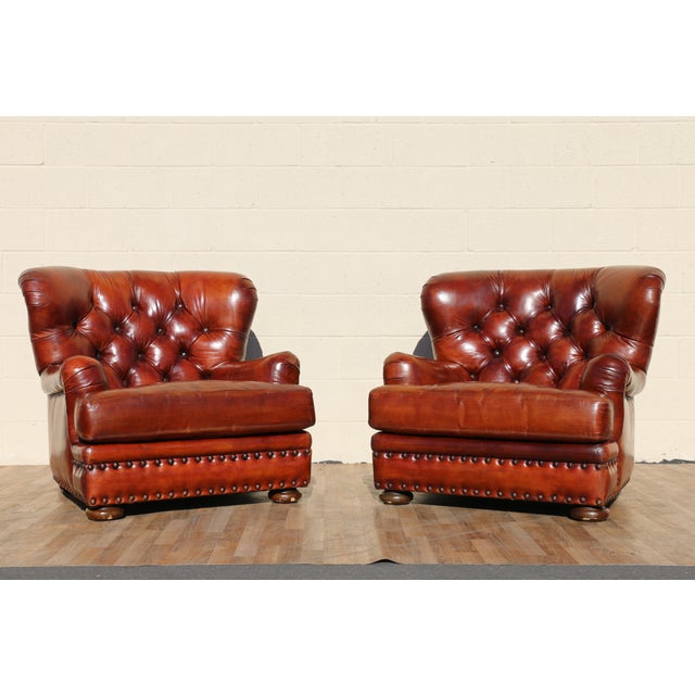 English Pair of 1990s Henredon Churchill Tufted Distressed Brown Leather Club Chairs For Sale - Image 3 of 18