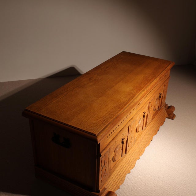 Brown Carved Oak Chest with Decorative Front, Germany, 1970s For Sale - Image 8 of 12