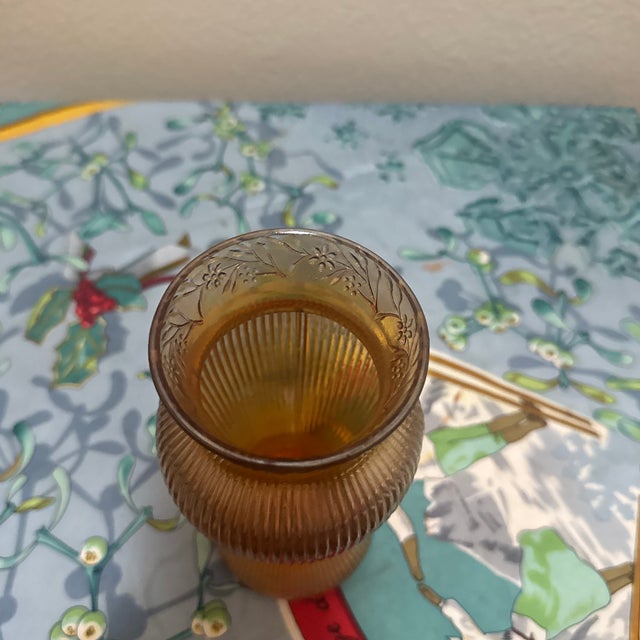 1970s 1920s Early American Carnival Glass "Prism & Daisy Band" Marigold Ribbed Vase For Sale - Image 5 of 7