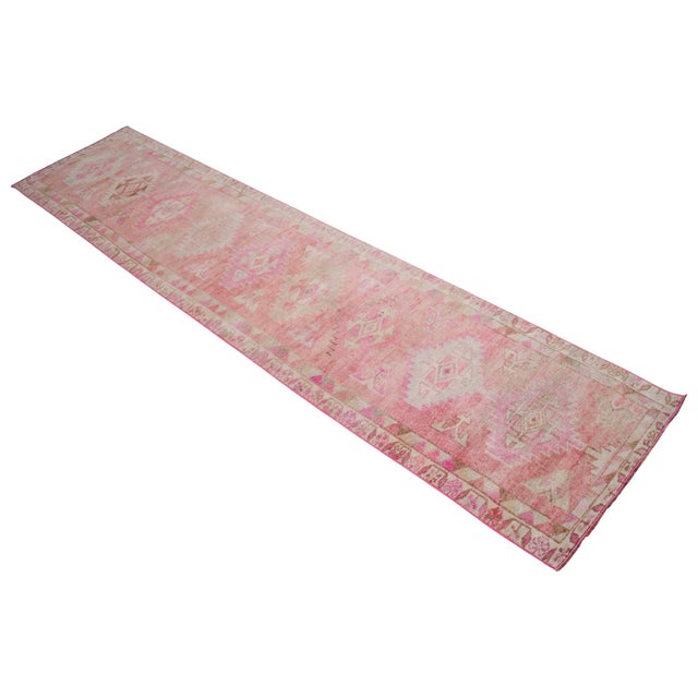 Vintage Turkish Hand-Knotted Runner Rug Pink Hallway Kitchen Decor - 2′6″ × 11′5″ For Sale - Image 6 of 12
