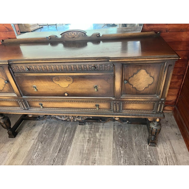 1920s Antique Carved Walnut Buffet Credenza For Sale - Image 5 of 8