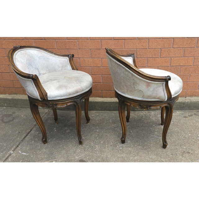 Mid 20th Century Pair Régence Style Fruitwood and Upholstered Swivel Bergere Chairs For Sale - Image 5 of 8