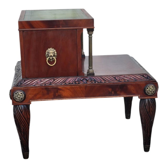 1920s Mahogany Leather Top Sofa End Table Brass Column Lion Pull Carved For Sale - Image 9 of 16