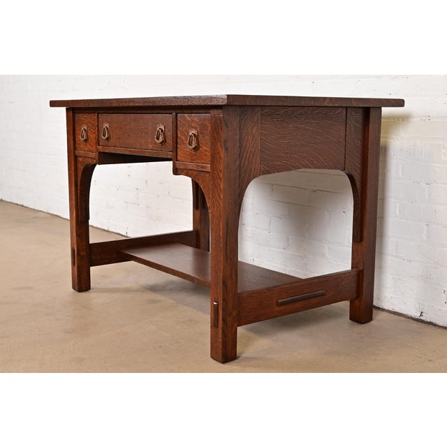 Stickley Stickley Brothers Style Antique Mission Oak Arts & Crafts Writing Desk or Library Table, Newly Refinished For Sale - Image 4 of 12