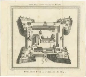 Jacob van der Schley, Voc Fort Nassau at Banda of the Spice Islands, Bird's-Eye View, Engraving, 1740
