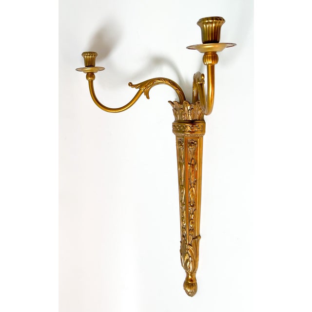 Metal Pair of Vintage Neoclassical Double-Arm Wall Candle Sconces – Gold Gilt or Brass-Plated For Sale - Image 7 of 12
