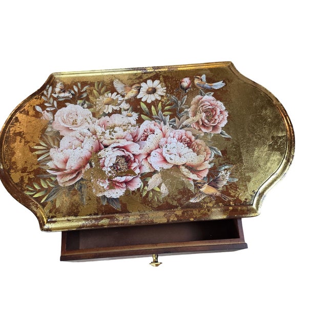 One-of-a-Kind Vintage Accent Table With 18k Gold Foil, Hand-Painted Floral & Bird Motif For Sale - Image 6 of 10