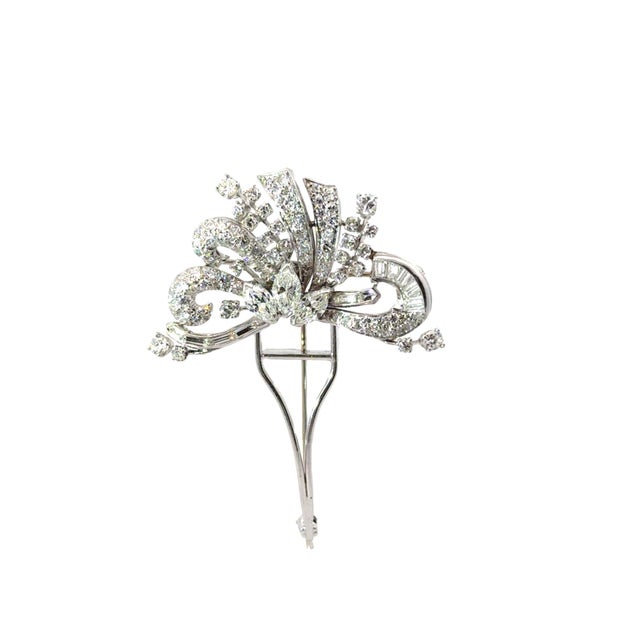 Early 21st Century Mid-Century Diamond 18k White Gold Floral Spray Double-Clip Brooch For Sale - Image 5 of 7