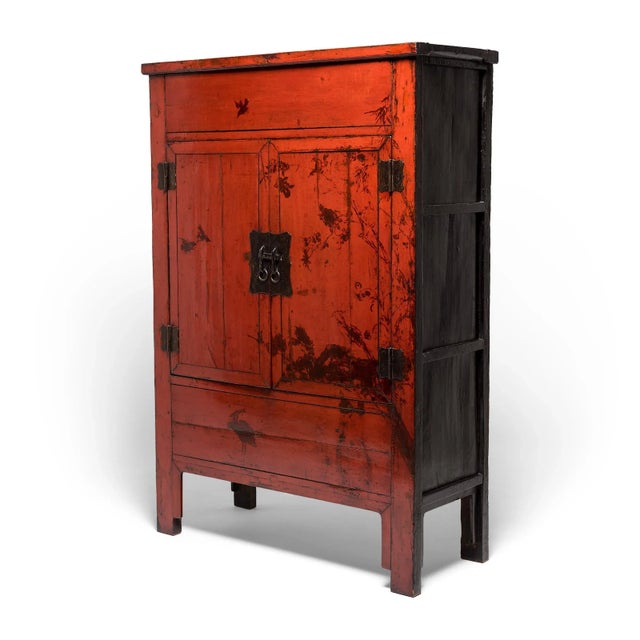 Pair of Chinese Red Lacquer Cabinets With Birds in Flight, C. 1850 For Sale - Image 4 of 14