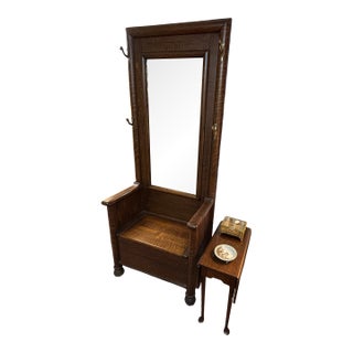 Antique Tiger Oak Hall Tree With Bevelled Mirror & Duck Coat Hooks For Sale