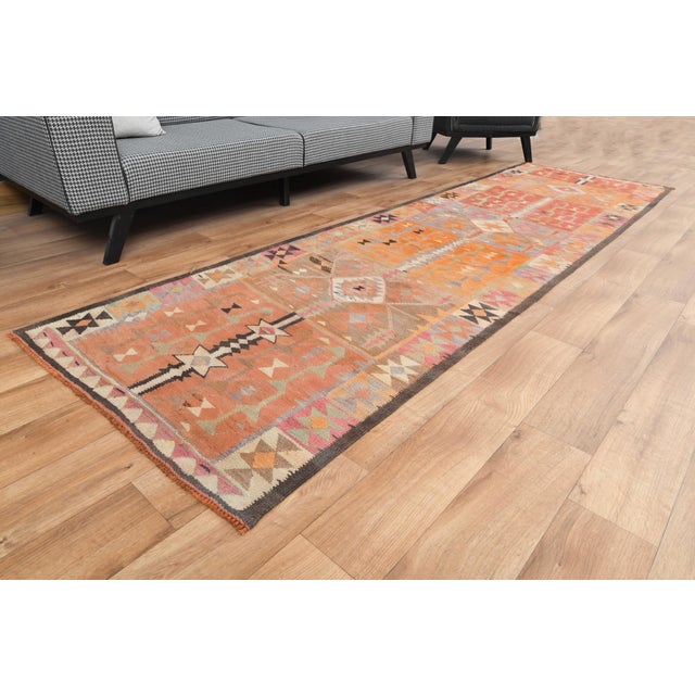 1970s 1970s Vintage Turkish Handmade Wool Cotton Orange Runner Rug For Sale - Image 5 of 11