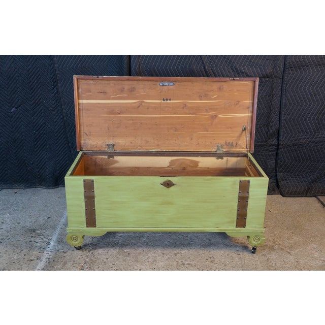Vintage American Country Farmhouse Green Painted Chic Pine Blanket Chest Trunk For Sale - Image 10 of 18