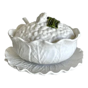 Vintage Majolica Cauliflower Lidded Tureen and Plate Made in Portugal