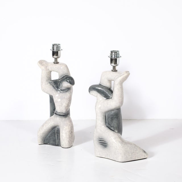 Gray Pair of Mid-Century Modernist Abstract Figural Ceramic Table Lamps For Sale - Image 8 of 9