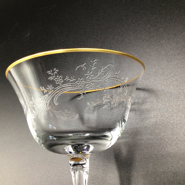 Fostoria Golden Lace Champagne/Sherbet Etched Crystal Coupes With Gold Rim - Set of 6 For Sale - Image 9 of 12