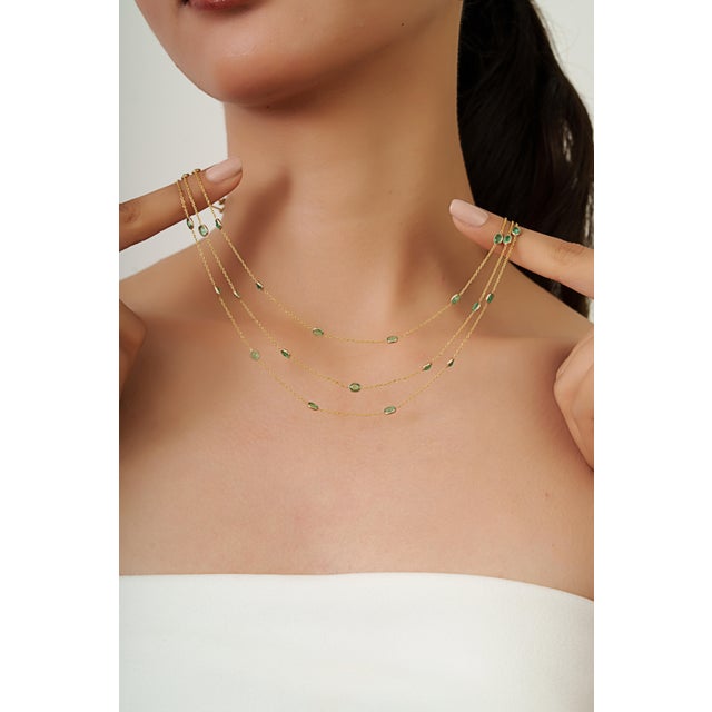 Metal Bohemian Chic 5.15ct Emerald Station Multi-Strand Necklace in 14k Yellow Gold For Sale - Image 7 of 14
