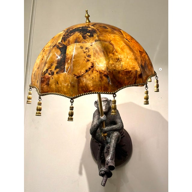 Original retail $6899, stylish Maitland-Smith Bronze and Penshell Monkey Sconcess Pair, verdigris patina, showroom floor...