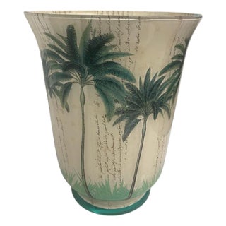 Elegant Hand-Painted Glass Vase With Decoupage Palm Tree Design For Sale