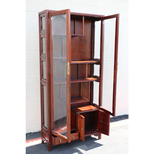 Vintage Asian-Inspired Rosewood Display Cabinet / Curio With Glass Doors and Brass Hardware For Sale - Image 9 of 18