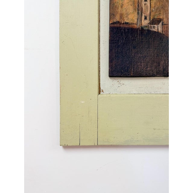 Vintage Painting Lighthouse Folk Art on Tan Wooden Frame Coastal Nautical For Sale In Tampa - Image 6 of 7
