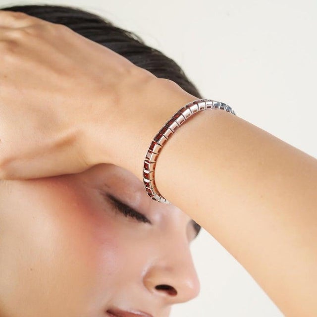 Square Cut Deep Red Garnet Tennis Silver Bracelet for Him For Sale - Image 6 of 11