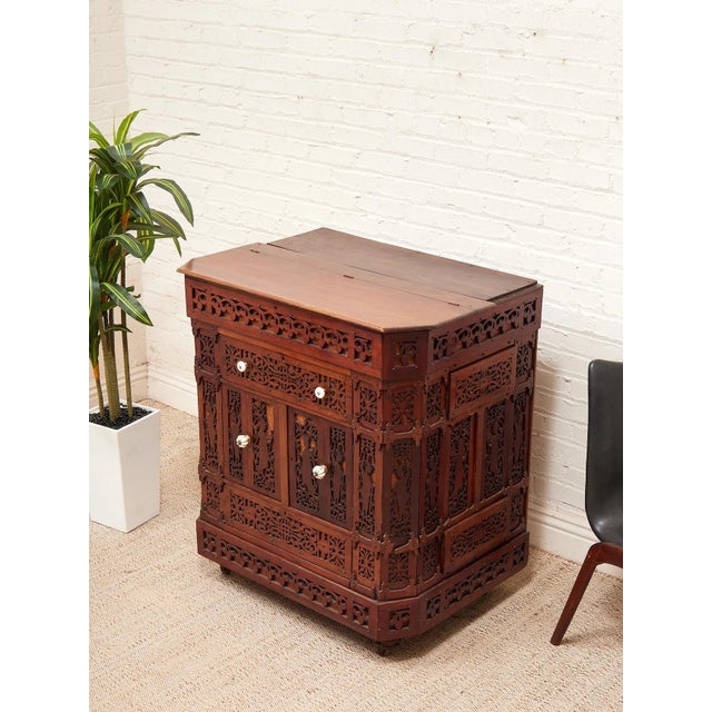Hollywood Regency Asian Heavily Hand Carved Flip Top Dry Bar Cabinet For Sale - Image 3 of 10