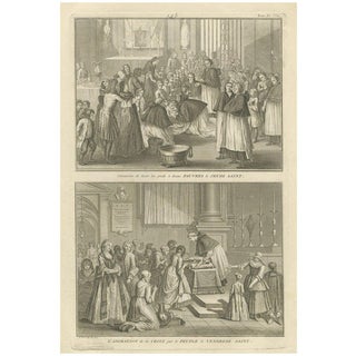 Maundy Thursday and Good Friday Rites, Catholic Engraving of Holy Week, 1734, Print For Sale