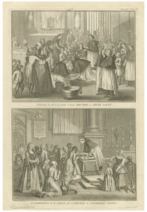 Maundy Thursday and Good Friday Rites, Catholic Engraving of Holy Week, 1734, Print