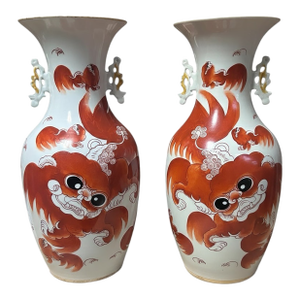 Qing Dynasty Antique Iron Red Foo Dog Pair of Baluster Vases