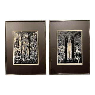 Set of 2 Vintage Linocut Prints St. Ladislaus & B. Margarita by Hungarian Artist For Sale