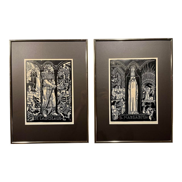 Set of 2 Vintage Linocut Prints St. Ladislaus & B. Margarita by Hungarian Artist For Sale